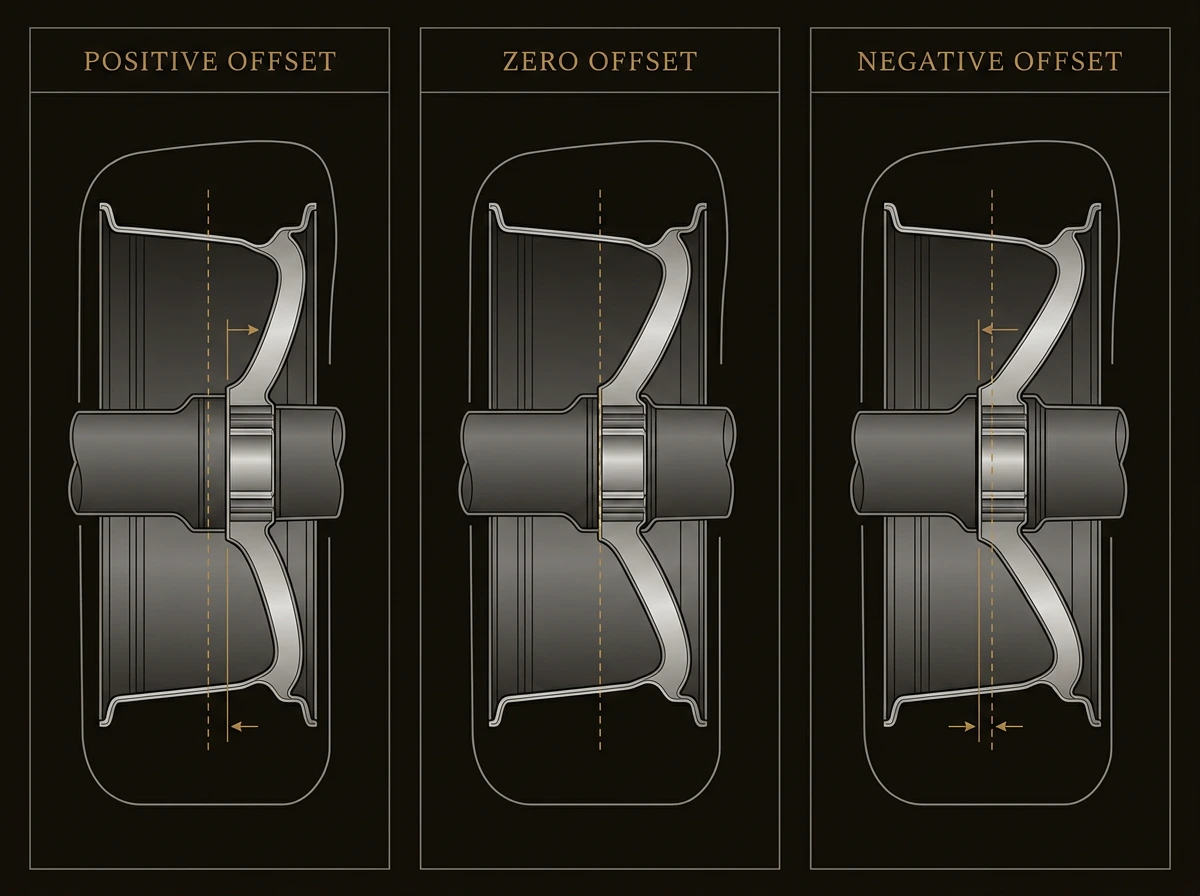 Wheel offset diagram showing positive, zero, and negative offset configurations